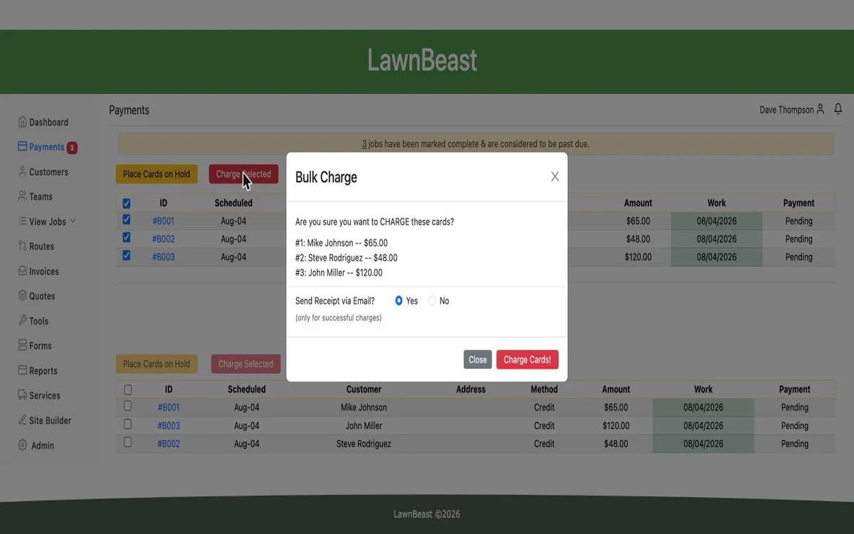 The Bulk Charge confirmation modal listing three selected jobs — Mike Johnson $65.00, Steve Rodriguez $48.00, and John Miller $120.00 — with a Send Receipt via Email option before charging