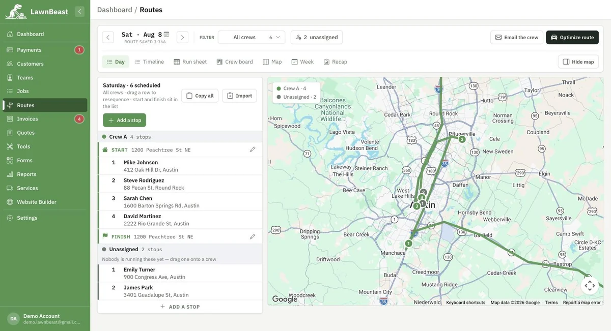 The Routes dispatch console Day view: a crew's stops in an ordered list beside a map showing the driving route