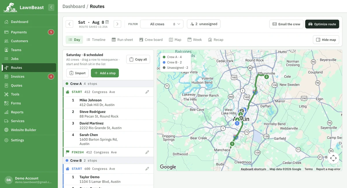 The dispatch Day view after Optimize, with a crew's stops resequenced along a driving route on the map