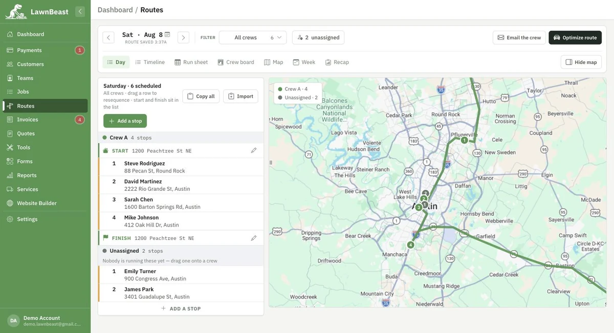 The dispatch Day view after Optimize, with a crew's stops resequenced along a driving route on the map