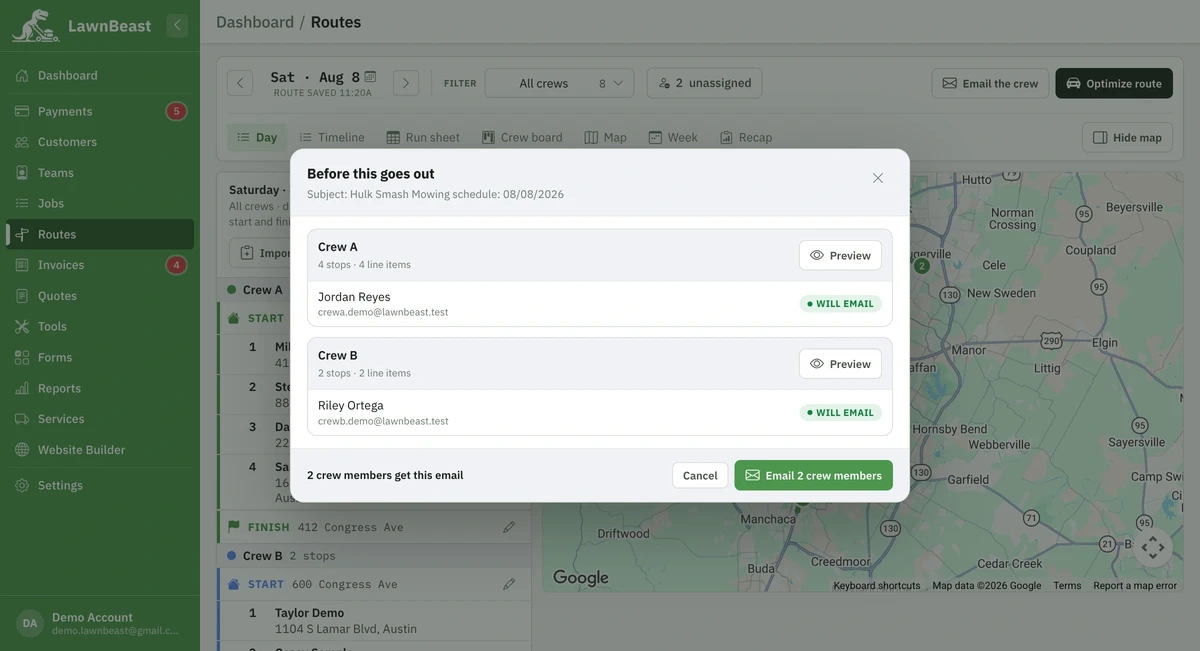 The Before this goes out confirmation modal, showing one card per crew and a preview of that crew's email before anything sends