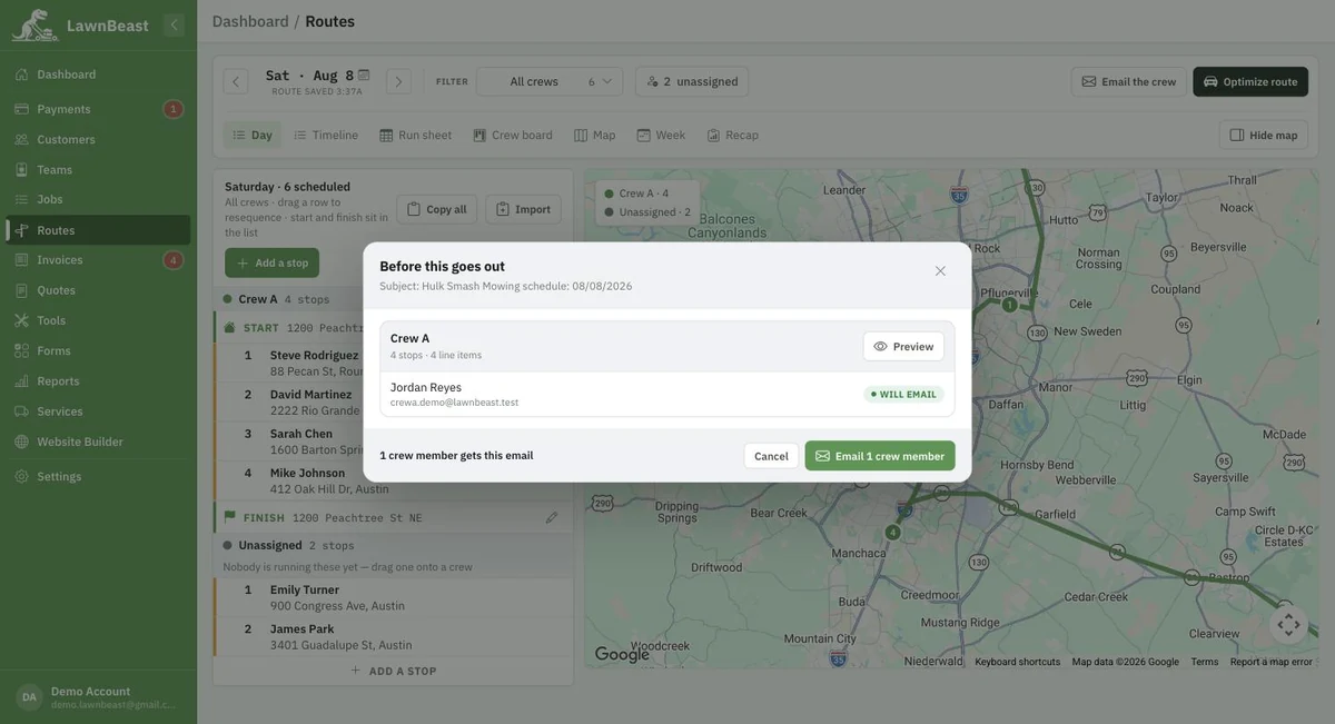 The Before this goes out confirmation modal, showing one card per crew and a preview of that crew's email before anything sends