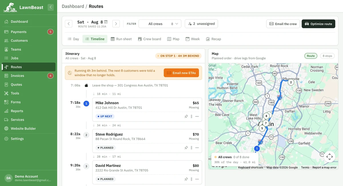 The Timeline view: each stop's planned arrival time down the left, the map beside it, and a banner offering to email new ETAs because the day is running behind