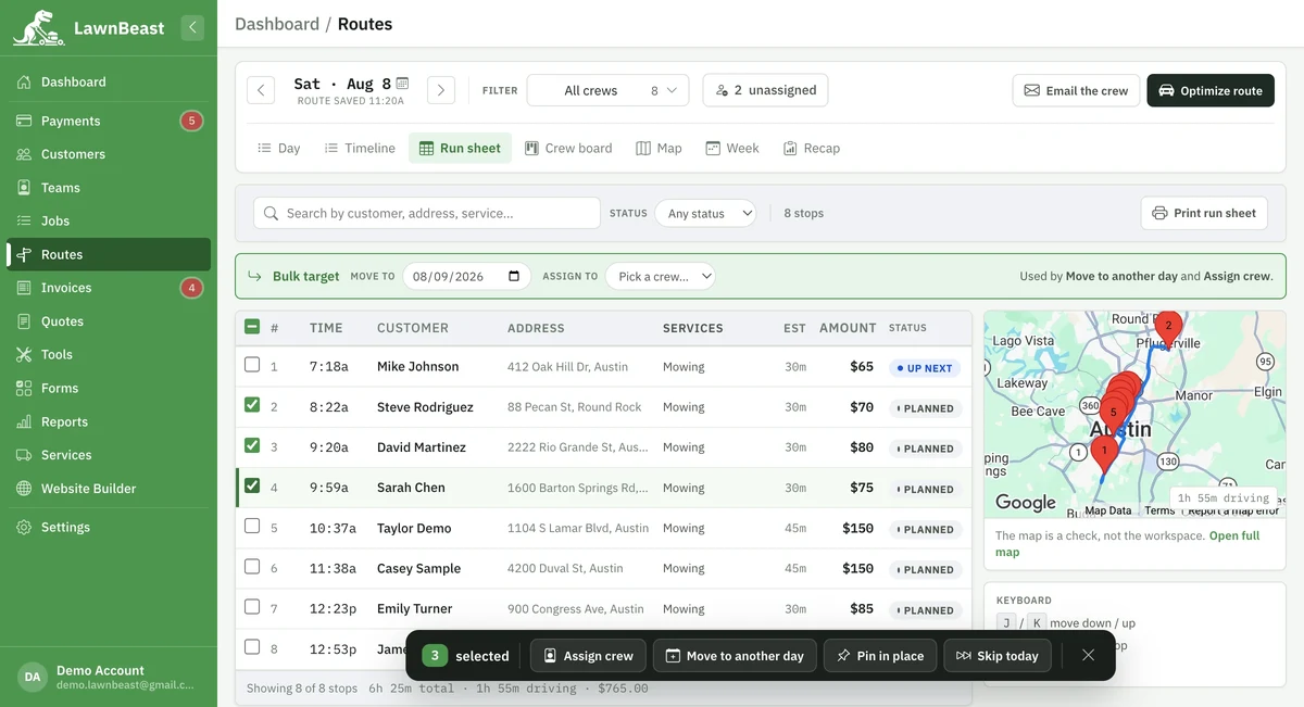 The Run sheet view: a searchable, filterable table of stops with three selected and the bulk action bar showing Assign crew, Move to another day, Pin in place and Skip today