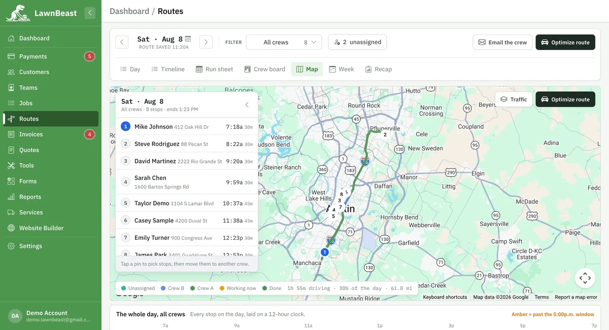 The Map view: numbered pins across Austin with the driving route drawn between them, the itinerary in a rail on the left and a traffic toggle