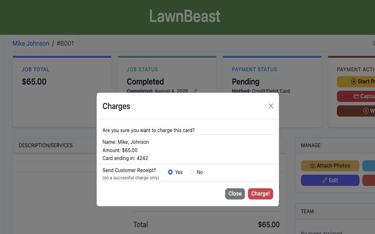 The Charges confirmation modal on a job's Insights page, showing the customer name, amount, card ending in 4242, and a Send Customer Receipt choice, with a Charge! button
