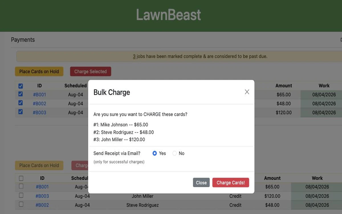 The Bulk Charge modal on the Payments homepage listing three selected jobs with customer names and amounts, a Send Receipt via Email choice, and a Charge Cards! button