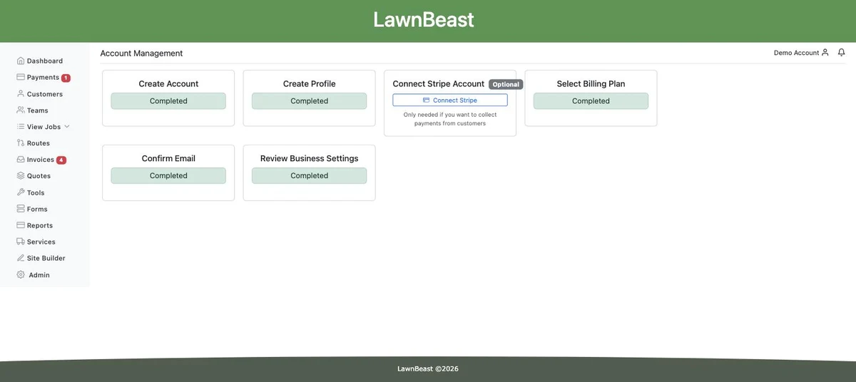 The Account Management page with the Connect Stripe Account card, badged Optional