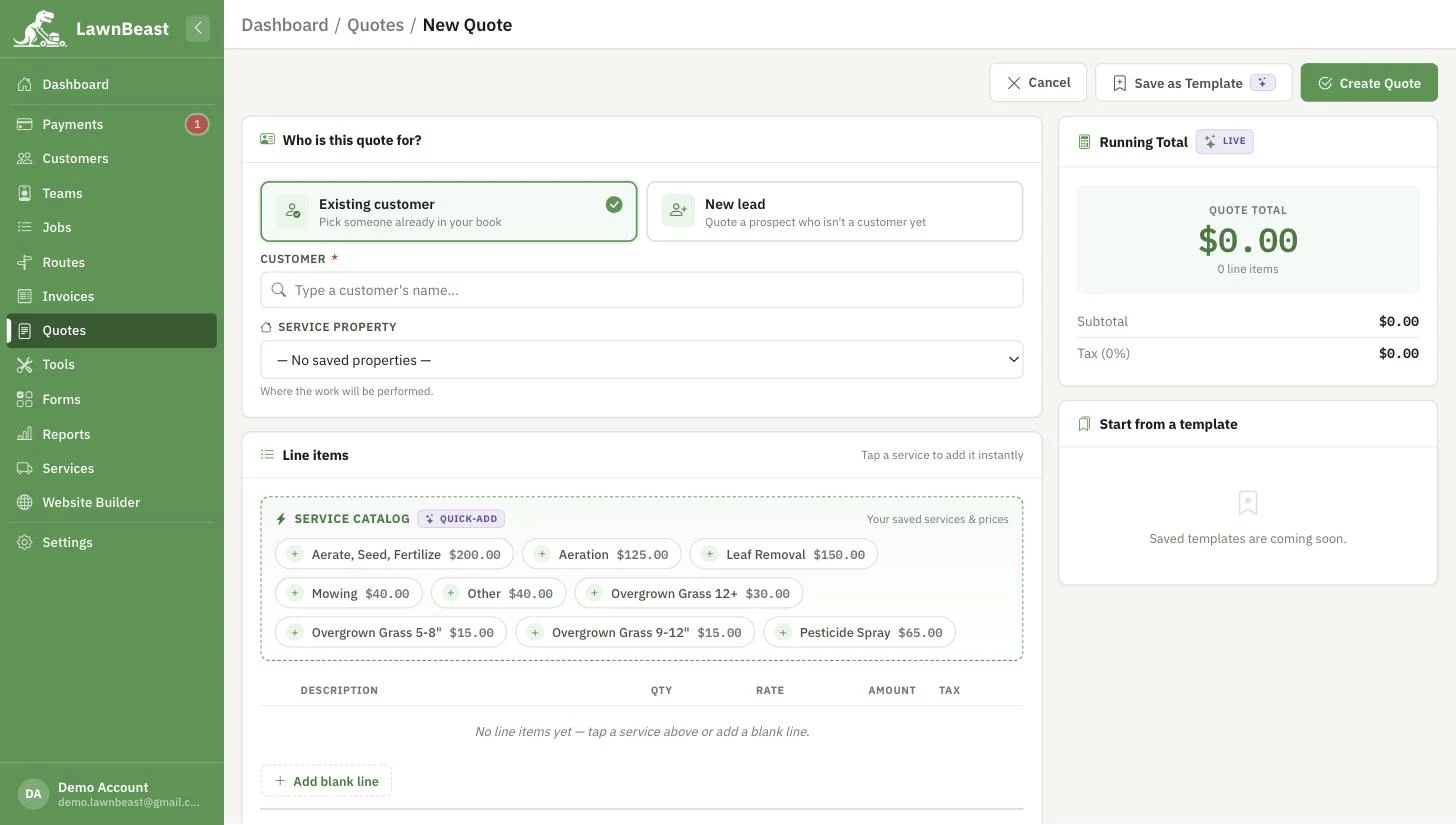 The Existing customer / New lead toggle at the top of the quote builder, with the customer picker and service catalog below it