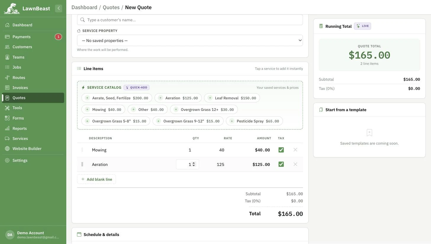 Two line items, Mowing and Aeration, with Qty, Rate, Amount and Tax columns, and the running subtotal and total