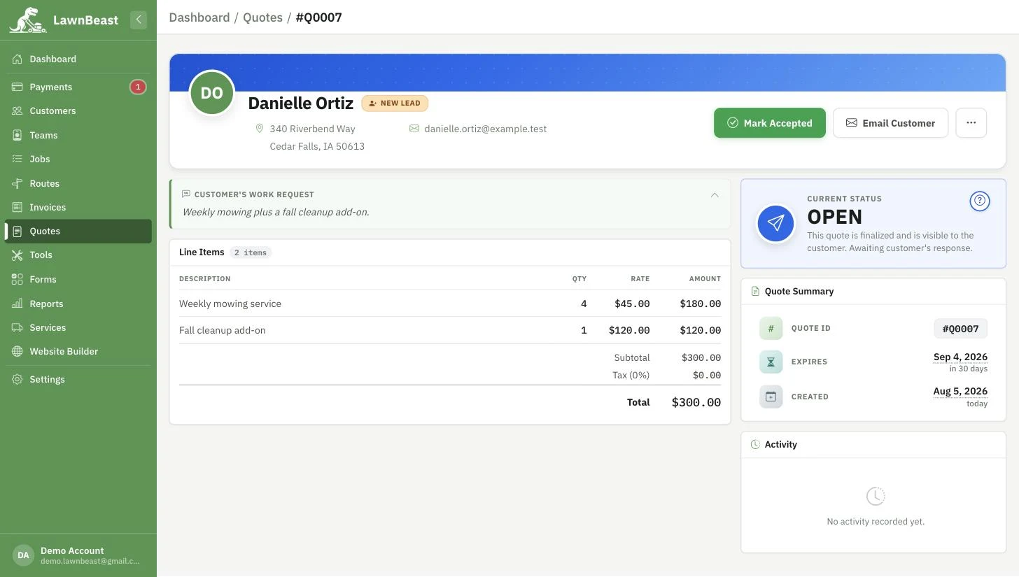 An Open quote's detail page, with the Email Customer and Mark Accepted buttons and the current status card reading Open