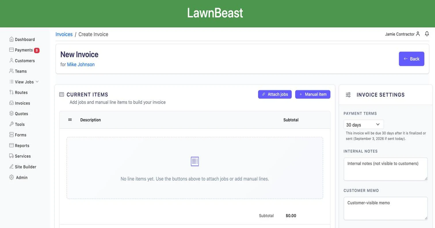 The invoice editor open for a new invoice, showing Attach jobs and Manual item buttons above an empty line item table, with Invoice Settings in the right sidebar