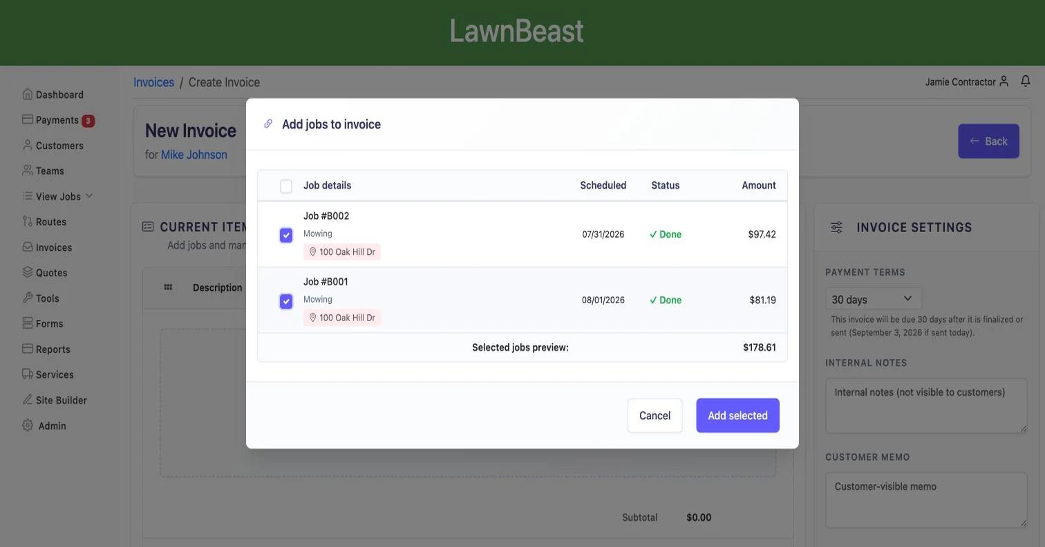 The Add jobs to invoice modal with two completed jobs checked and a running Selected jobs preview total of $221.91