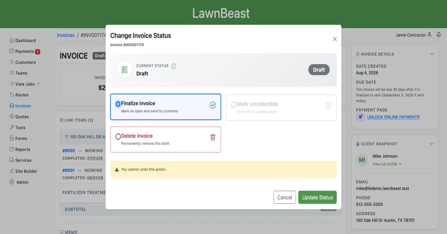 The Change Invoice Status modal with Finalize invoice selected and a You cannot undo this action warning above the Update Status button