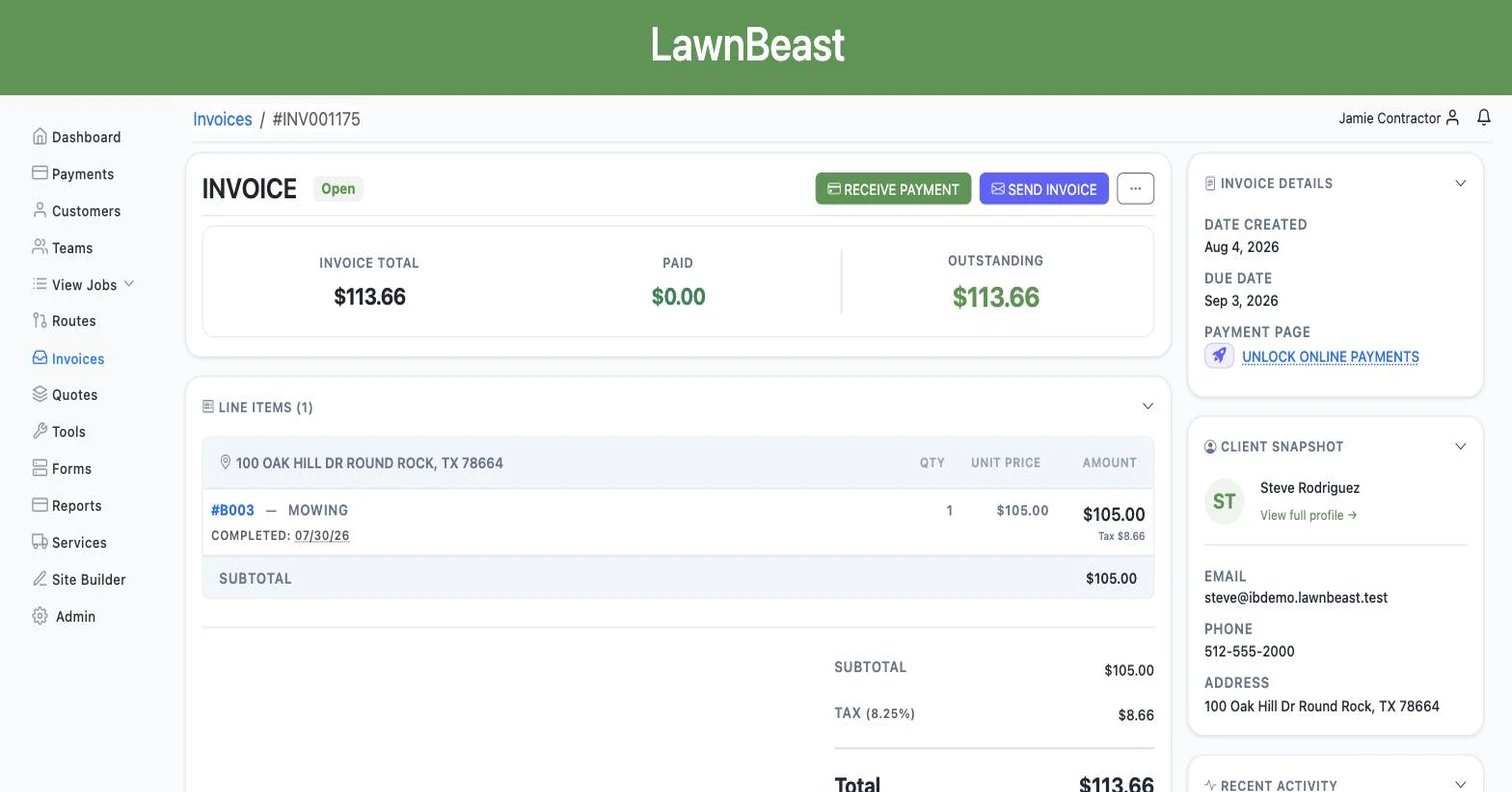 The invoice detail page showing an Invoice marked Open confirmation banner, an Open status badge, and Receive Payment and Send Invoice buttons