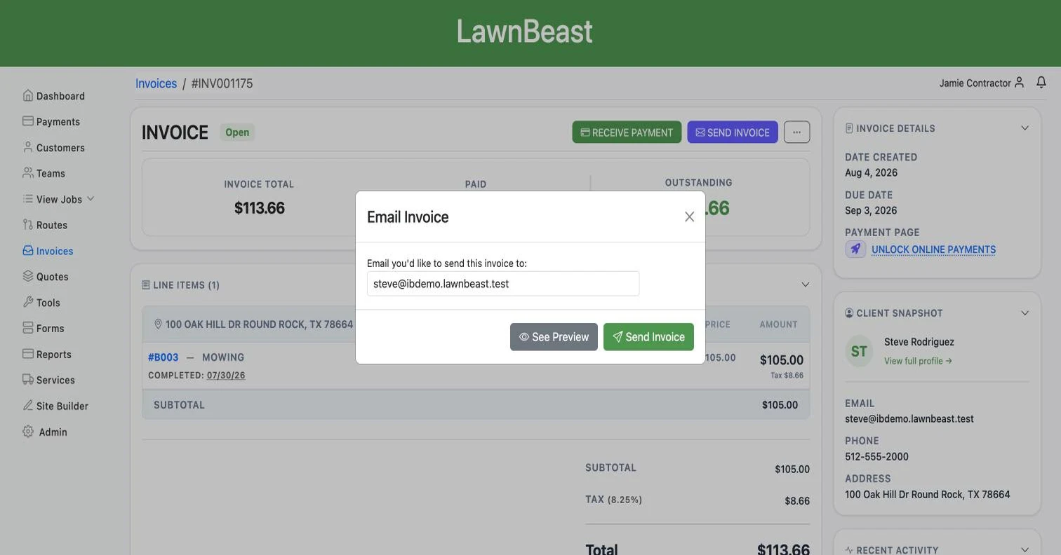 The Email Invoice modal with the customer's suppressed demo email address pre-filled and See Preview and Send Invoice buttons