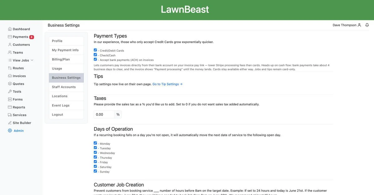 The Business Settings Payment Types card with Credit/Debit Cards, Check/Cash, and Accept bank payments (ACH) on invoices all checked, with the help text explaining bank payments below