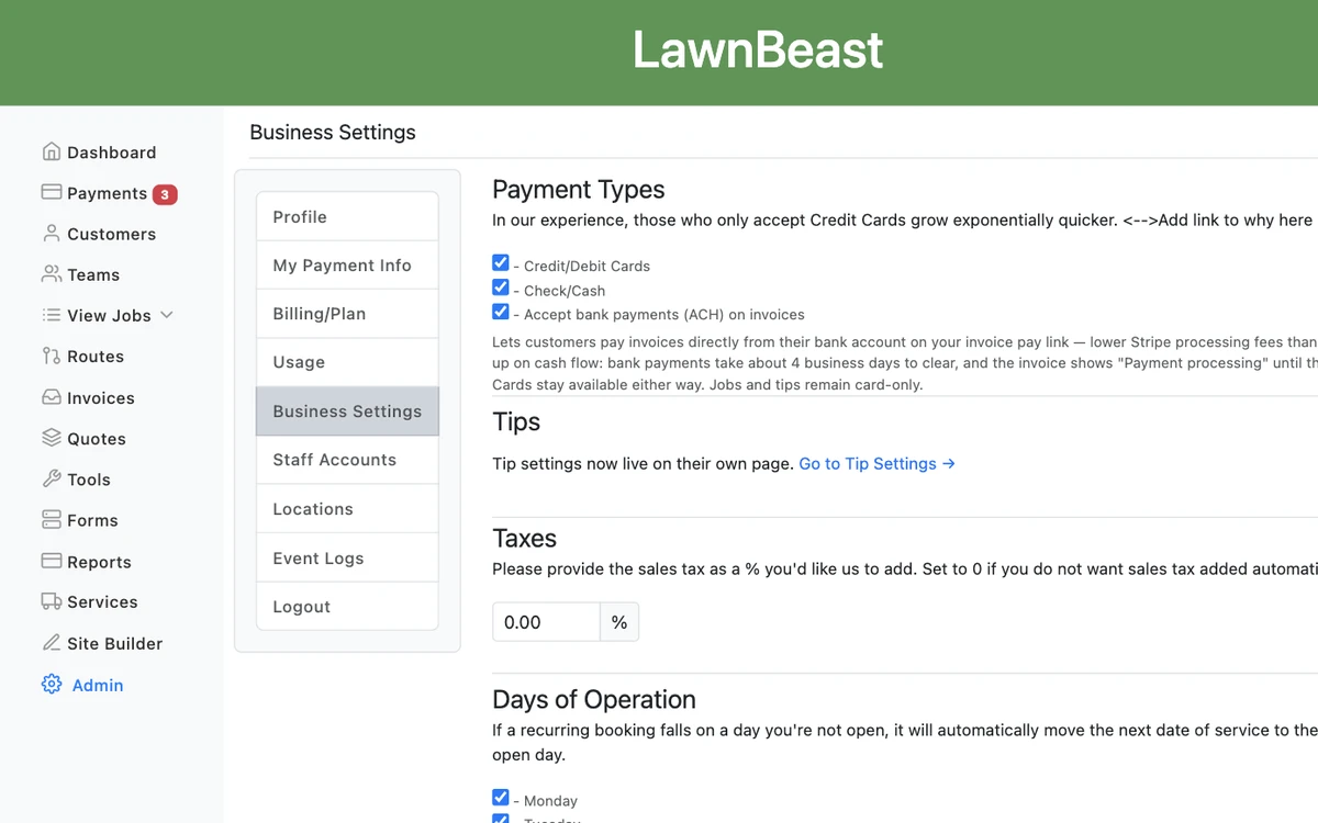 The Business Settings Payment Types card with Credit/Debit Cards, Check/Cash, and Accept bank payments (ACH) on invoices all checked, with the help text explaining bank payments below