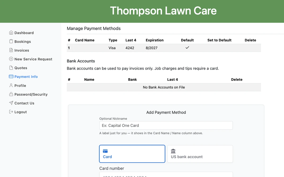 The customer portal's Payment Info page showing a Bank Accounts section and an Add Payment Method card with Card and US bank account tabs