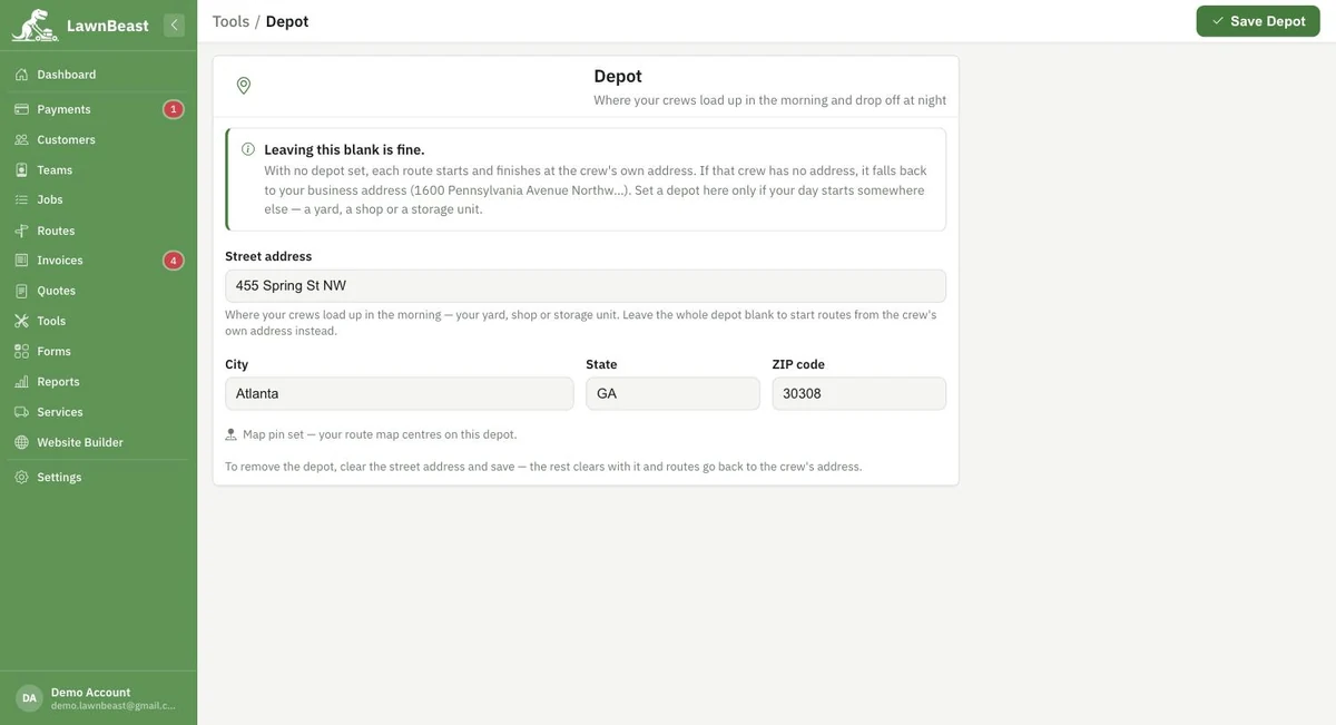 The Depot settings page with a saved street address, city, state and ZIP, and a confirmation that the map pin is set