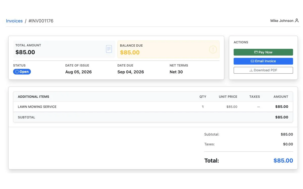 The customer portal's invoice detail view for an open $85.00 invoice, showing the total, balance due, date of issue and due date, line items, and a green Pay Now button in the Actions panel