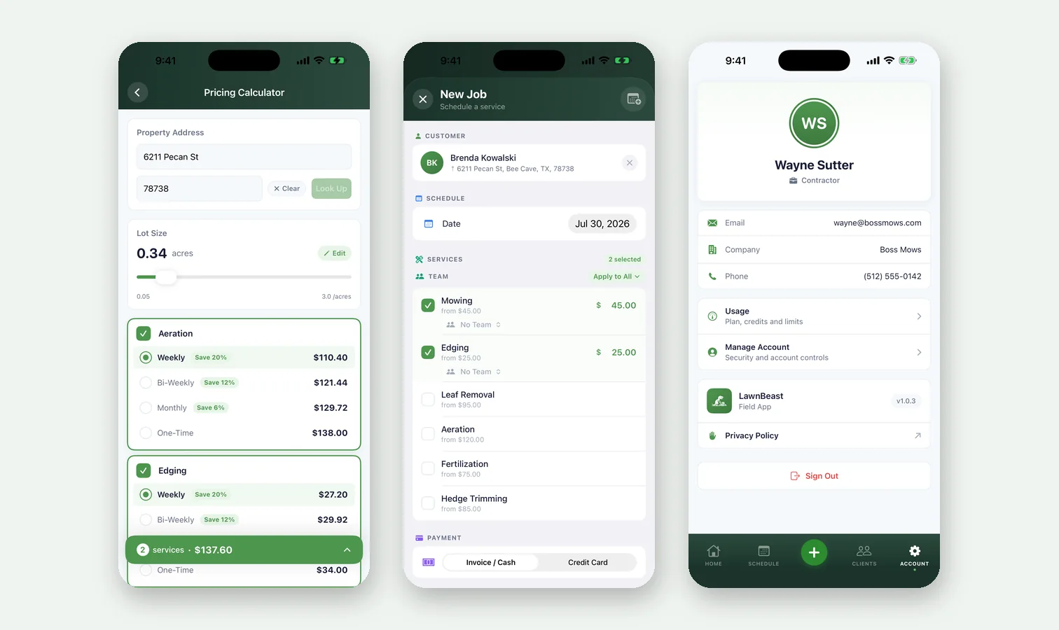 Three iPhone screens side by side: the pricing calculator, the new job form, and the Account tab