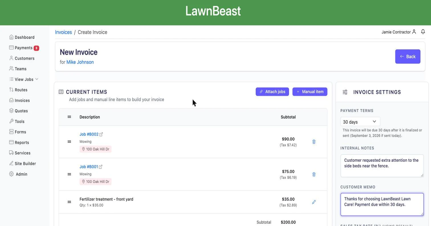Create professional invoices with line items, taxes, and custom memos.